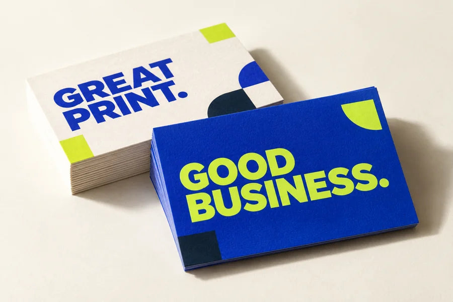 Business cards in GotMerch blue and lime